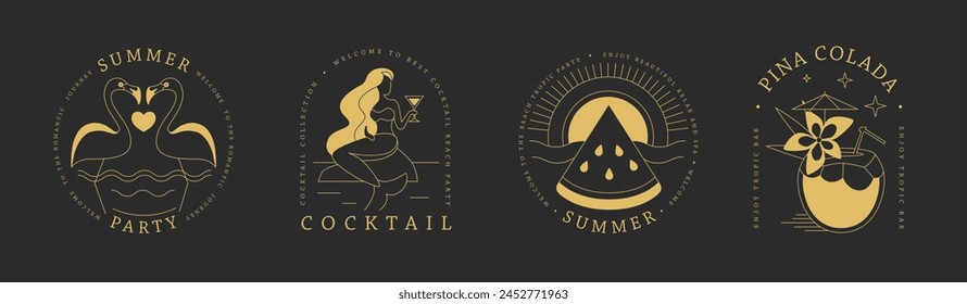 Set of line art summer icons with flamingo, pina colada cocktail, mermaid and watermelon. Set of summer posters. Vector illustration