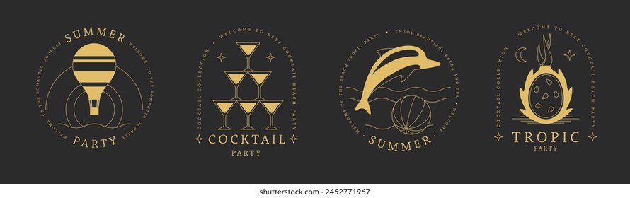 Set of line art summer icons with hot air balloon, cosmopolitan cocktail, dolphin and pitahaya. Set of summer posters. Vector illustration