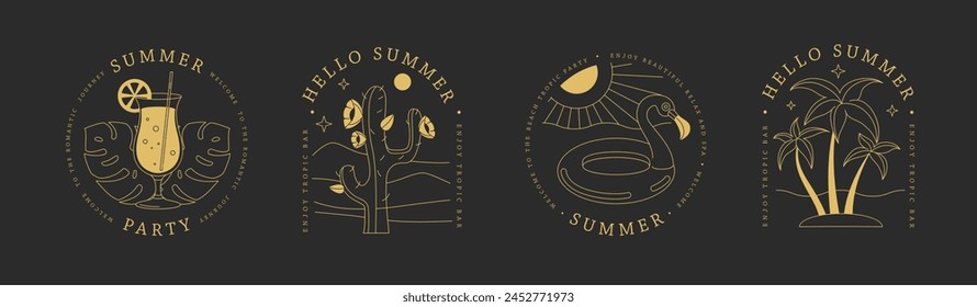 Set of line art summer icons with palm tree, pina colada cocktail, cactus, crab and Inflatable flamingo circle. Set of summer posters. Vector illustration