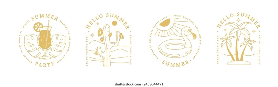 Set of line art summer icons with palm tree, pina colada cocktail, cactus, crab and Inflatable flamingo circle. Set of summer posters. Vector illustration