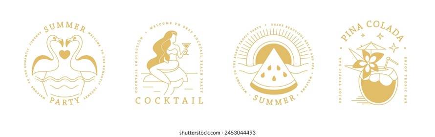 Set of line art summer icons with flamingo, pina colada cocktail, mermaid and watermelon. Set of summer posters. Vector illustration