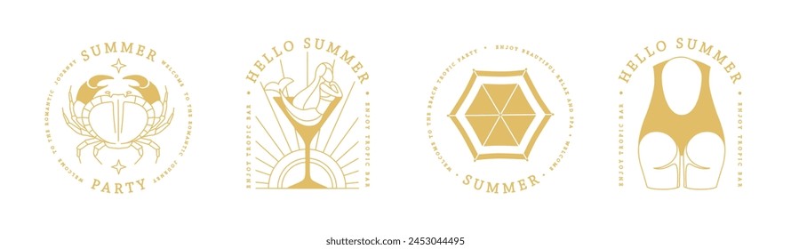 Set of line art summer icons with swimsuit, cosmopolitan cocktail, mermaid, crab and beach umbrella. Set of summer posters. Vector illustration
