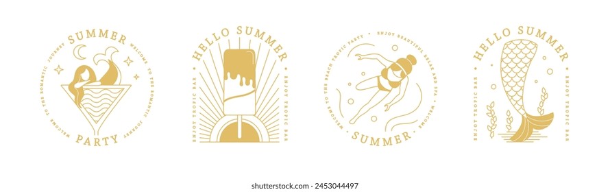 Set of line art summer icons with swimming girl, cosmopolitan cocktail, mermaid and ice cream. Set of summer posters. Vector illustration