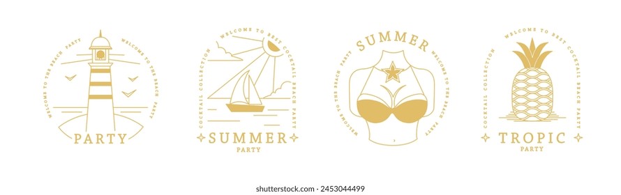 Set of line art summer icons with pineapple, ship, lighthouse and swimsuit. Set of summer posters. Vector illustration