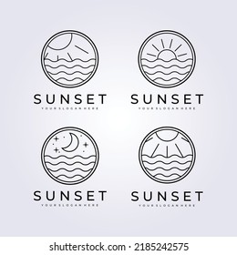 set line art sunset logo bundle vector illustration design, ocean beach outdoor