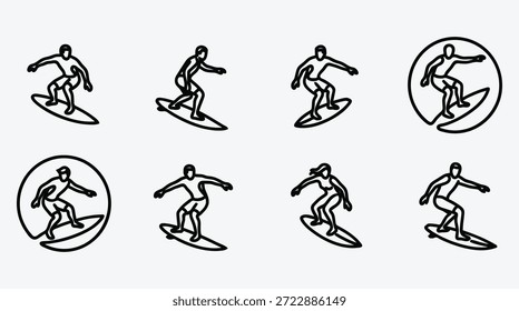 Set von Line-Art-Surfern in verschiedenen Posen auf Surfbrettern in schwarz einzeln auf weißem Hintergrund Surf-Symbole