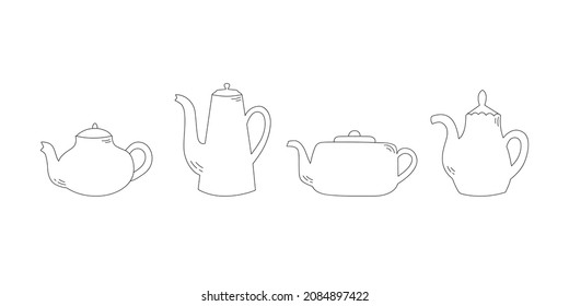 Set of line art teapots. Kitchen utensil. Doodle flat style. Isolated vector illustration