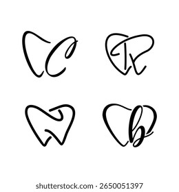 SET OF LINE ART Teeth Logo; Modern, unique, simple and techie lettermark tooth logo for dentist, orthodontics and toothpaste brand. Conveys sleek, cool, stylish and professional services.
