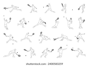 Poner en línea el tenis de arte.El jugador de tenis masculino es un elemento de diseño de persona deportiva de silueta. El atleta jugando al tenis con raqueta y pelota. Dibujo ilustrativo del jugador de tenis masculino. Vector de jugador de Tenis.