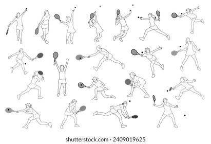 Poner en línea el tenis de arte.Elemento de diseño de la persona deportiva de la silueta femenina del jugador de tenis. El atleta jugando al tenis con raqueta y pelota. Dibujo ilustrativo de la jugadora de tenis femenina. Vector de jugador de Tenis.