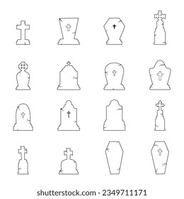 set of Line art tombstones for Halloween. Halloween Elements and Objects for Design Projects.