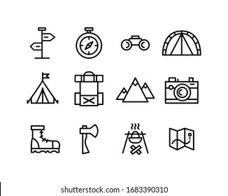 Set of line art travel camping hiking icons