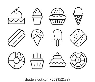 Set of line art vector icons for desserts and baked goods in clean, minimal design style.
Modern line art vector icons of desserts and baked goods for UI, menus, and food illustrations.