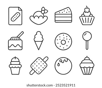 Set of line art vector icons for desserts and baked goods in clean, minimal design style.
Modern line art vector icons of desserts and baked goods for UI, menus, and food illustrations.