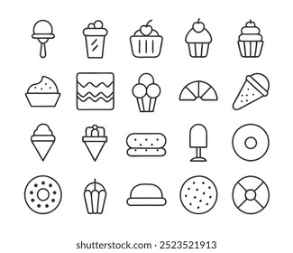 Set of line art vector icons for desserts and baked goods in clean, minimal design style.
Modern line art vector icons of desserts and baked goods for UI, menus, and food illustrations.