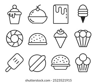 Set of line art vector icons for desserts and baked goods in clean, minimal design style.
Modern line art vector icons of desserts and baked goods for UI, menus, and food illustrations.
