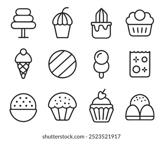 Conjunto de ícones vetoriais de arte de linha para sobremesas e assados em estilo de design limpo e mínimo.
Modernos ícones vetoriais de arte em linha de sobremesas e assados para IU, menus e ilustrações de alimentos.