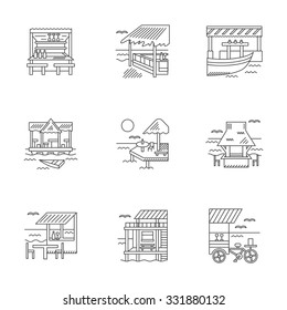 Set of line art vector icons and signs for cafe and bungalows. Symbols for resort services. Design elements for business and website.