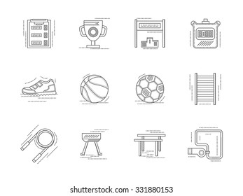 Set of line art vector icons and signs for physical education. Gym equipment, symbols for trainings and fitness. Design elements for business and website.