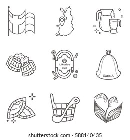 Set of line art vector icons of Finland main symbols and signs including flag and land map.
