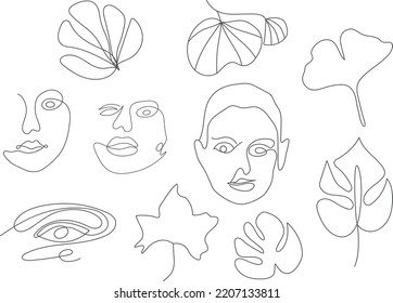 Establecer ilustración de vectores de línea. Cara de mujer, arte de la línea de la hoja, ilustración en blanco y negro