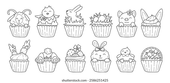 Conjunto de ilustrações vetoriais de arte de linha para o dia da Páscoa. Bonitos cupcakes de Páscoa com coelhos, galinhas, cesta de ovos, ovos de Páscoa, ovelhas e leitão. Página de coloração para crianças da Páscoa