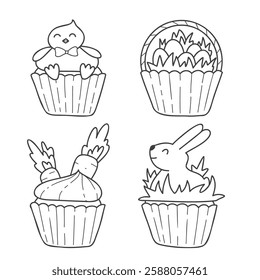 Set of line art vector illustrations for Easter day. Cute Easter cupcakes with bunny, chick, egg basket, carrot. Easter child coloring page