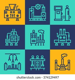 Set of Line Art Vector Illustrations For Abstract Factory Processing. Design Elements for Website