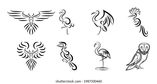 Set of line art vector images of various beautiful birds Good use for symbol mascot icon avatar and logo