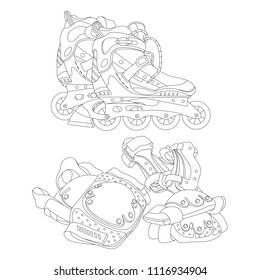 Set of line art vector roller skates and protective gear. Isolated on white background. Hand drawn illustration. Can be used for graphic design, textile design or web design.