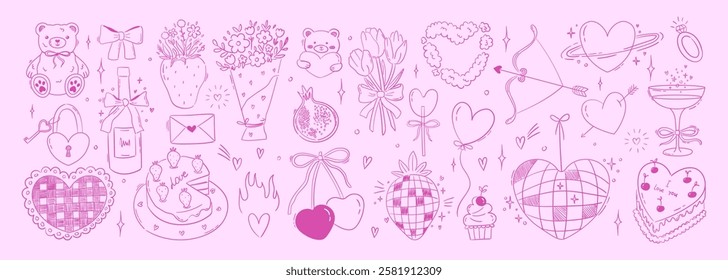 Set of line art whimsical illustrations for valentine's day. Outline coquette drawings of hearts, cake, flowers, bows and ribbons. Y2k trendy sketch illustrations for card, poster. Vector graphiс