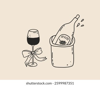 Set of line art wine glass, bottle of champagne isolated. Hand drawn whimsical vine glass. Coquette trendy champagne glass. Vector outline illustration
