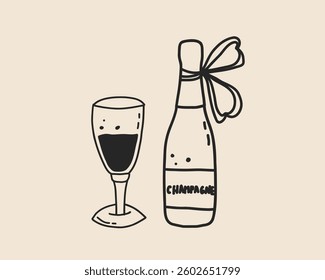Set of line art wine glass, bottle of champagne isolated. Hand drawn whimsical vine glass. Coquette trendy champagne glass. Vector outline illustration