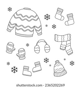 Set of Line art Winter clothes and cold weather accessories. Line art Hats, scarves, mittens, and socks.