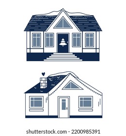 Set of line art winter houses isolated on white background. Christmas holiday season. European city building with snow. Flat linear vector illustration. Real estate