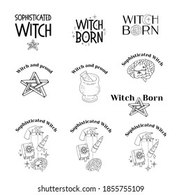 Set of line art witchcraft and magic items and scenes. Witchy mystical clipart. Prints with text.