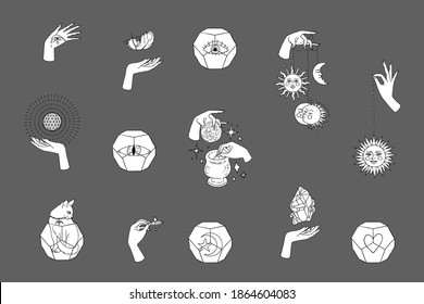 Set von Line Art Hexerei und Zauberkunst und Szenen. Witzige mystische Clipkunst.