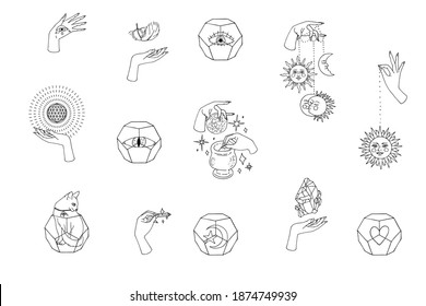 Set Of Line Art Witchcraft And Magic Items And Scenes. Witchy Mystical Clipart.