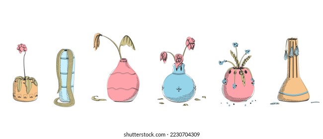 Set of line art Withered flowers in a clay vase, line drawing, digital engraving