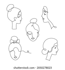 Set of line art woman portraits, romantic simple portrait. Beautiful face logo 