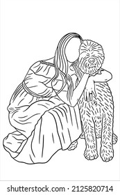 Set Line Art Women Girl Friendship Best friends wit dog pet illustration
