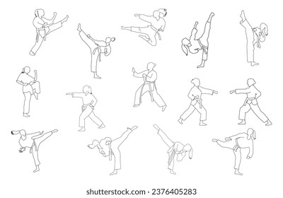 Set line art women of karate silhouette vector. Boxing and competition silhouettes vector image, Boxing black white elements set with fighter sports clothing isolated, Boxing silhouette 