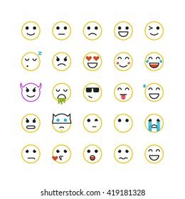 Set of line art yellow emoticons on white background. Vector emoticons illustration. Emoticons vector set. Emoticons web icons. Emoji iocns. Smiley faces. Set of Emoticons. Set of Emoji. Smile icons.
