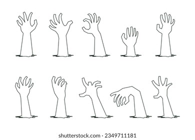 set of  Line art zombie's hands for Halloween. Halloween Elements and Objects for Design Projects.