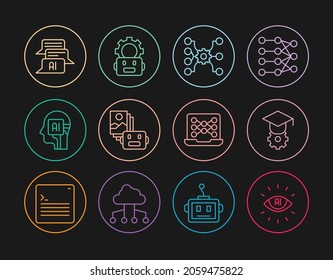 Set line Artificial intelligence AI, Graduation cap, Neural network, robot, Humanoid, Chat,  and Robot setting icon. Vector