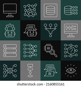 Set line Artificial intelligence AI, Neural network, Algorithm, Server, Data, Chat bot, Robot setting, Computer monitor and Funnel filter icon. Vector
