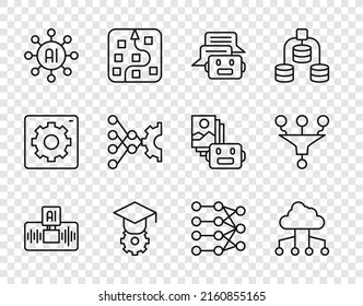 Set line Artificial intelligence AI, Network cloud connection, Chat bot, Graduation cap, Neural network,  and Funnel filter icon. Vector