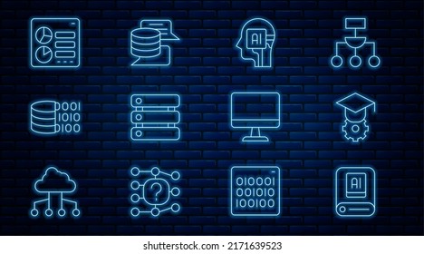 Set line Artificial intelligence AI, Graduation cap, Humanoid robot, Server, Data, Binary code, Computer api interface, monitor and  icon. Vector