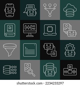 Set line Artificial intelligence AI, Robot setting, robot, Funnel or filter, Algorithm, Chat and Processor CPU icon. Vector