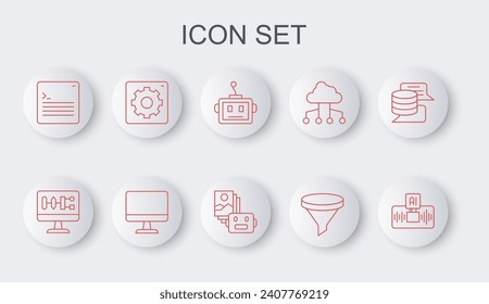Set line Künstliche Intelligenz AI, Algorithm, Roboter, Funnel Filter, Web Entwickler Programmiercode, Computer API Schnittstelle, Monitor und Symbol. Vektorgrafik